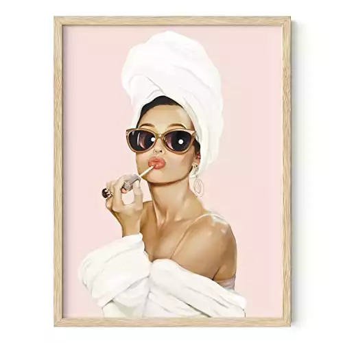 HAUS AND HUES Pink Framed Wall Art, Audrey Hepburn Wall Art Framed, Glam Wall Decor, Pink Pictures Wall Decor, Makeup Wall Decor, Celebrity Framed Art, Vogue Framed Art (Beige, 12x16)