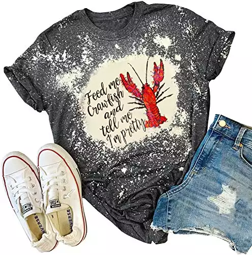 Feed Me Crawfish and Tell me I'm Pretty Shirts Funny Bleached T Shirts for Women Summer Vintage Graphic Tees Blouse Tops (Dark Grey, Medium)