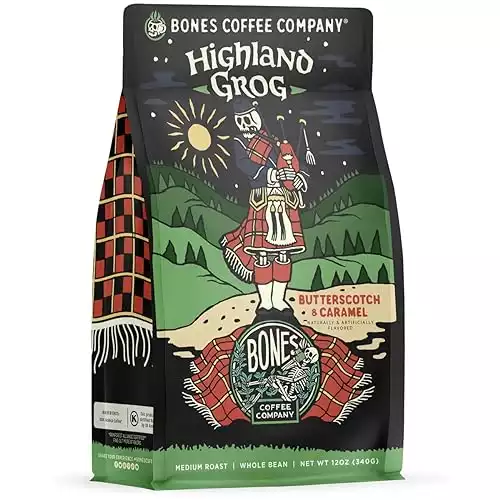 Bones Coffee Company Highland Grog Flavored Ground Coffee Beans Butterscotch Caramel Flavor | 12 oz Medium Roast Arabica Low Acid Coffee | Gourmet Coffee (Ground)