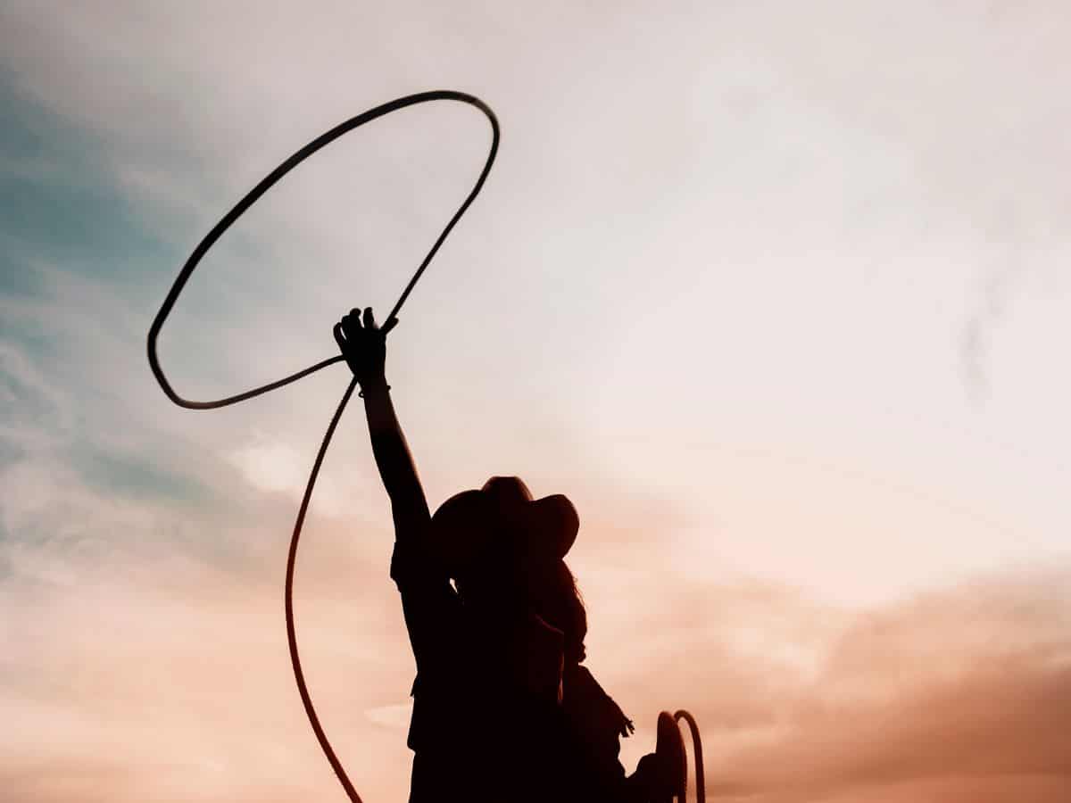 Silhouette of a cowgirl holding a lasso.