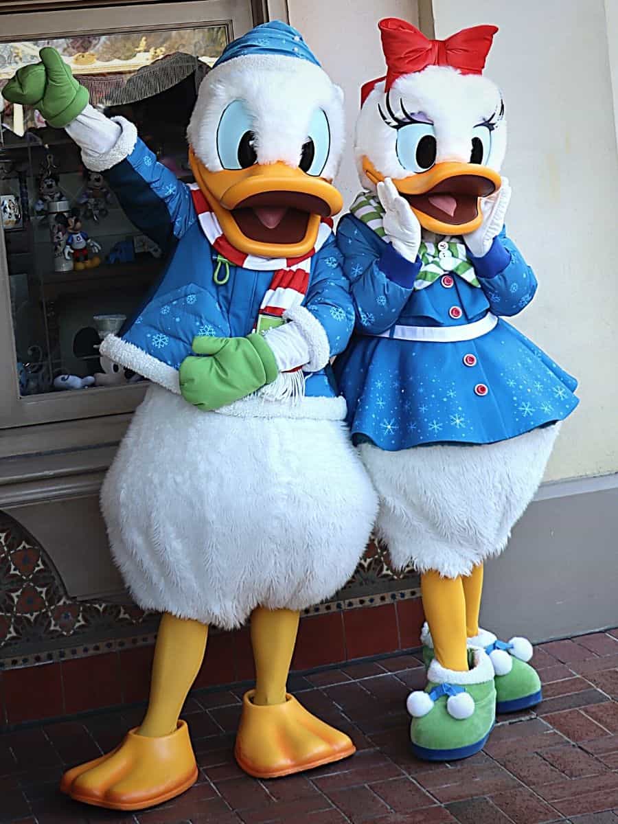 A pair of donald duck and snow white mascots posing for a picture.