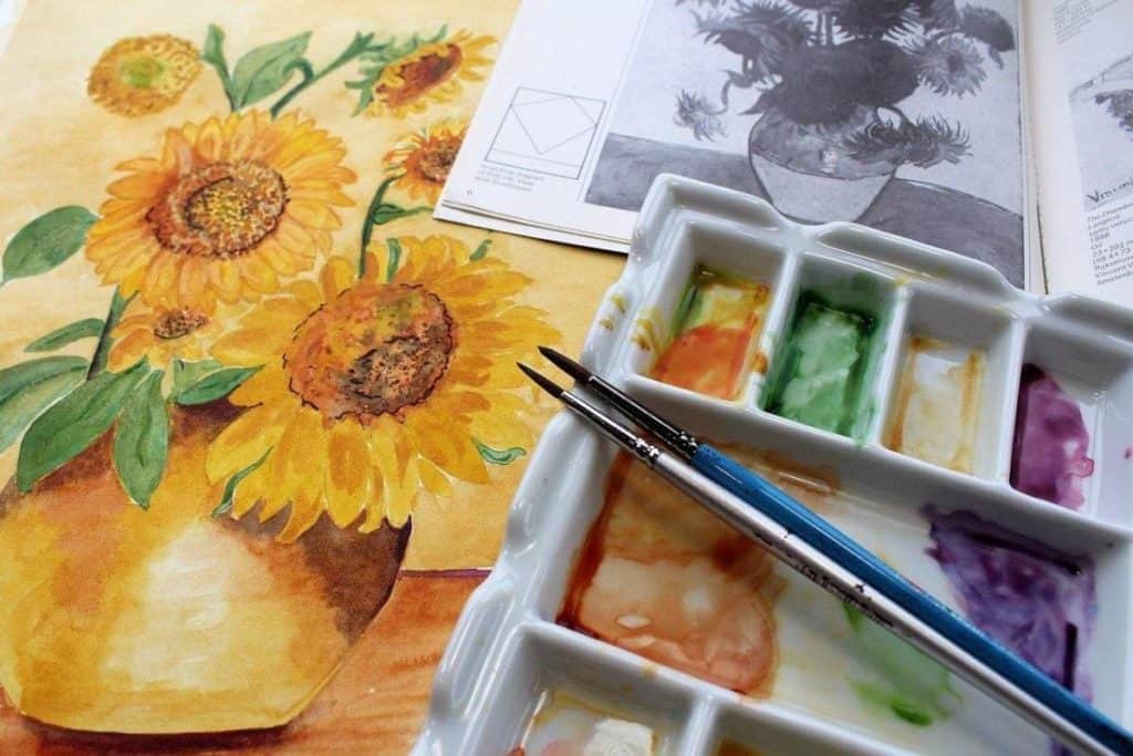 A vibrant watercolor painting capturing the essence of sunflowers.