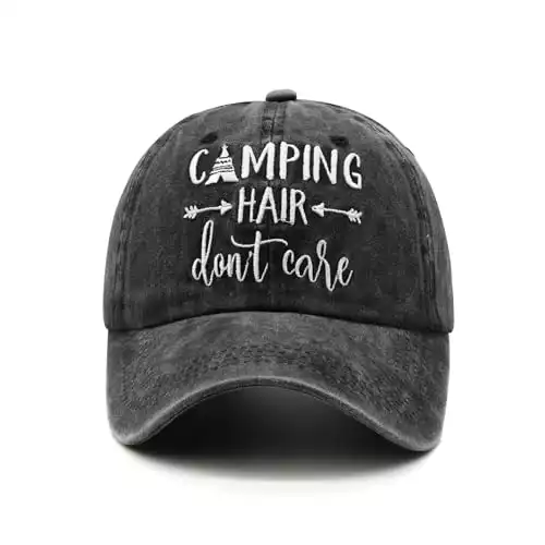 Waldeal Camping Hair Don't Care Hat, Gifts for Campers, Adjustable Embroidered Glamping Cap Trailer Accessories Black