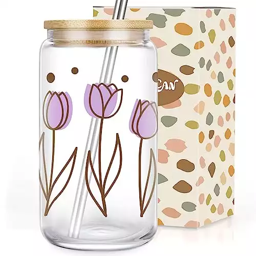 Coolife Purple Tulip Iced Coffee Cup, Tulips Flower Cup - 16 oz Glass Cups w/Bamboo Lids Straws, Floral Glass Tumbler w/Straw Lid - Aesthetic Christmas, Birthday Gifts for Women Mom Friends