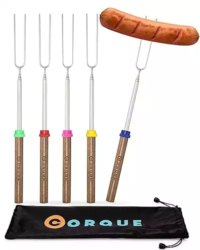 CORQUE Marshmallow Roasting Sticks, Smores Sticks, Extendable, Camping Skewer for Fire Pit, Wooden Handle, 32inch Metal for BBQ Hotdog, Cooking, Campfires, Bonfires, Set of 5