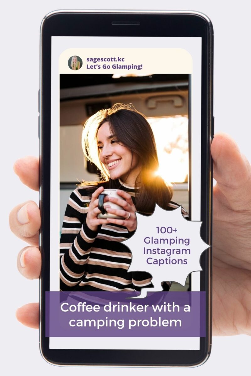 A hand holding a phone with a woman holding a mug.