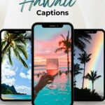 Promotional graphic for hawaii-themed captions featuring a smartphone displaying a tropical scene with a wine glass.