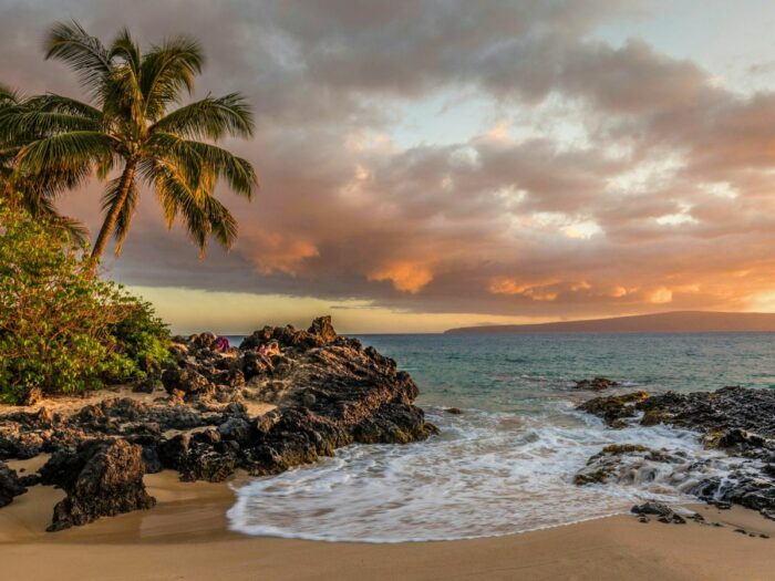 Sunset in Hawaii with palm trees and volcanic rocks.