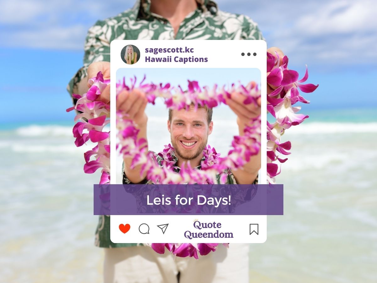 A person holding a flower lei in front of a camera with a beach backdrop, overlaid by a social media interface.