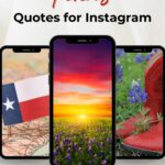 Collection of texas-themed instagram quotes displayed on a smartphone, with visuals of the texas flag, cowboy boots, and bluebonnets.