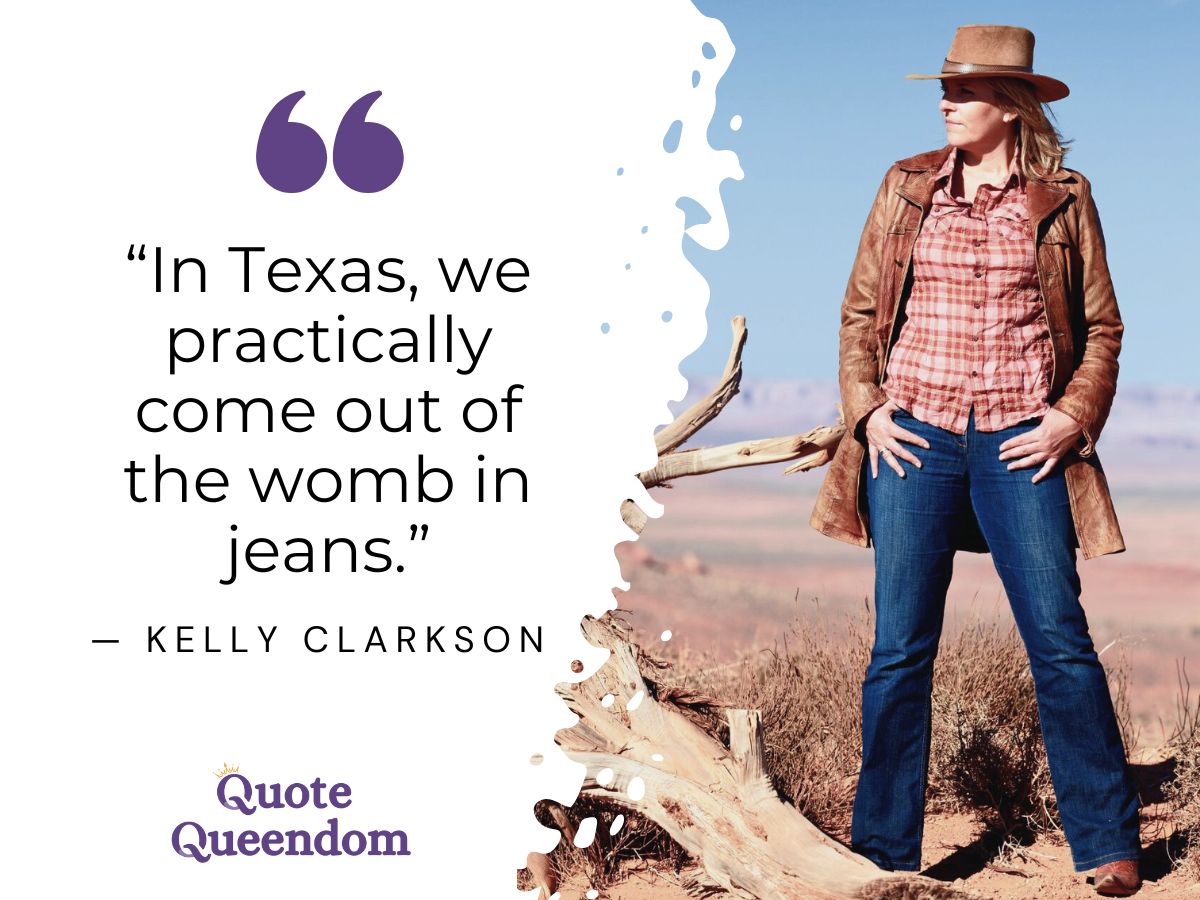 A woman in a cowboy hat and denim jeans stands in a desert landscape next to a quote about Texas.