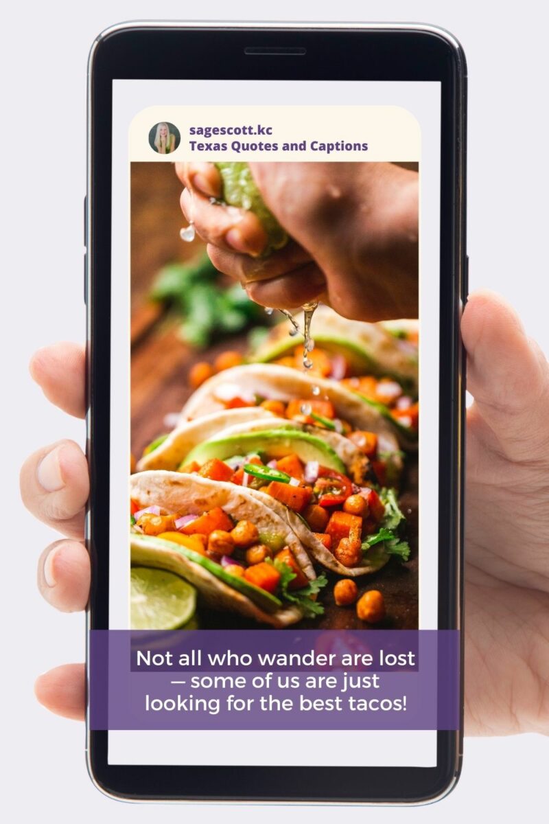 A person holding a smartphone displaying a social media post about tacos with an inspirational quote.