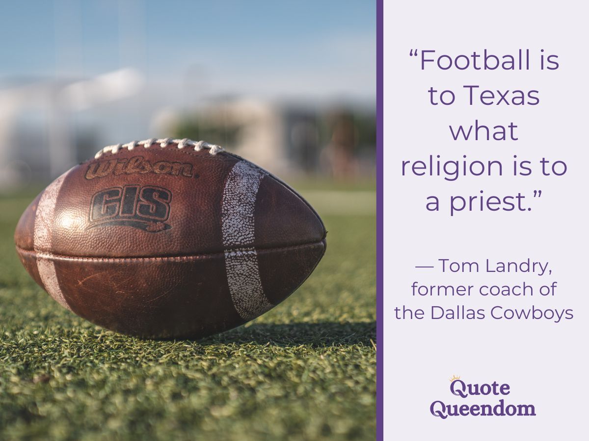 An american football on an artificial turf with a quote about football in Texas by Tom Landry.