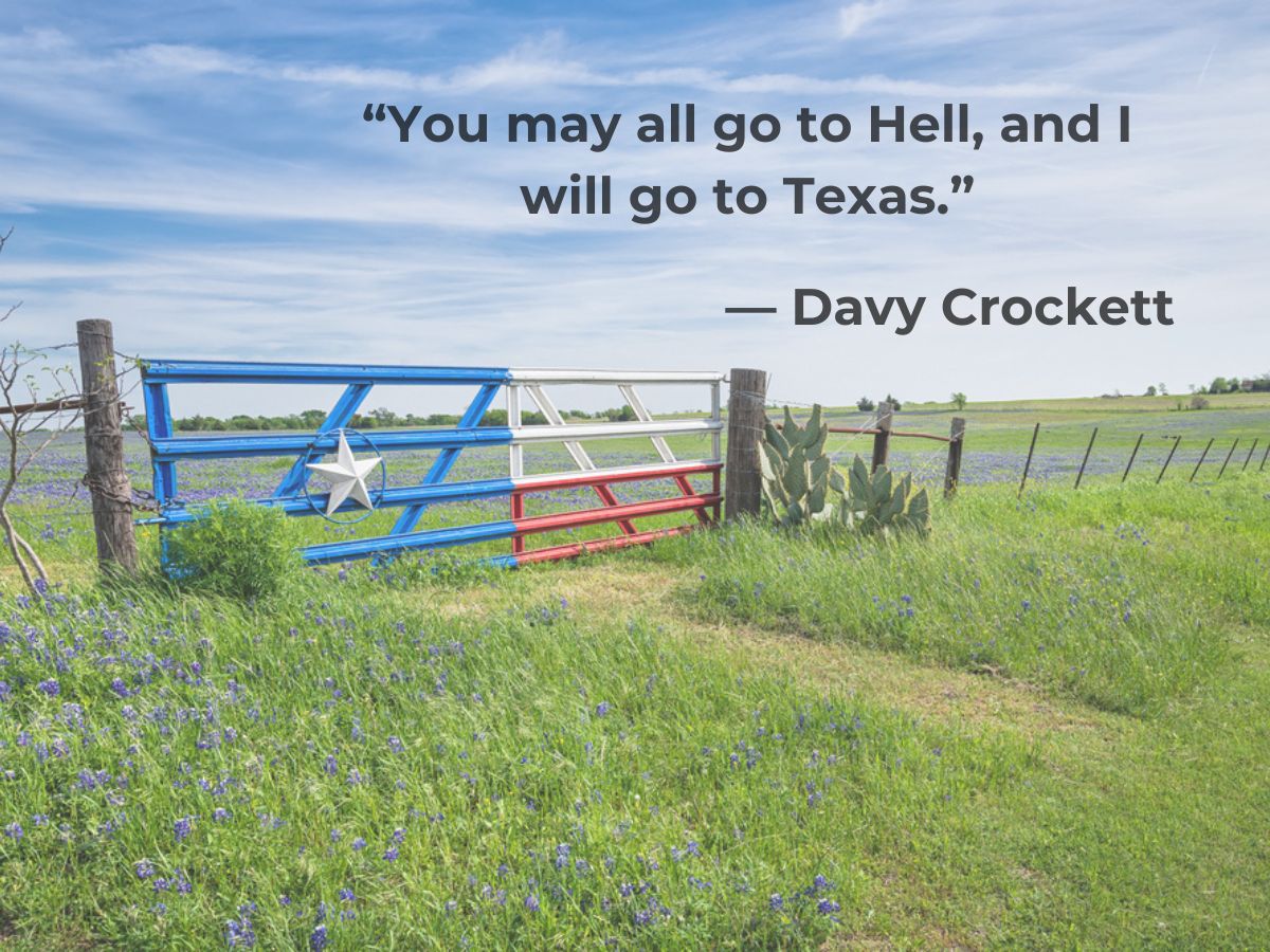A picturesque texas landscape with a gate adorned by the state's flag colors and a quote from davy crockett: "You may all go to hell, and i will go to Texas.