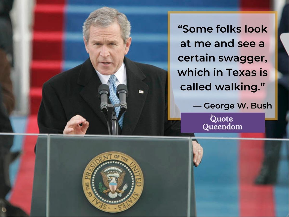 George W Bush at a podium with a presidential seal.