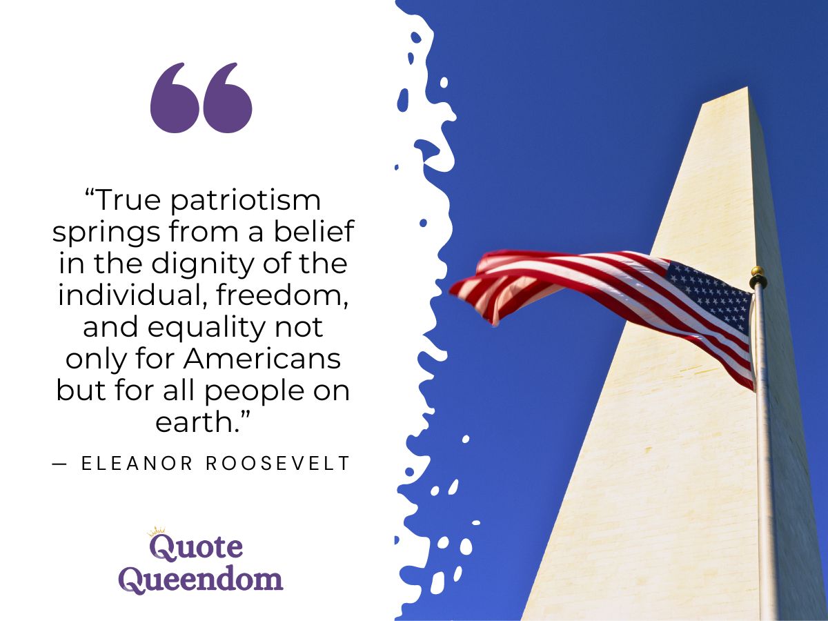 A quote by eleanor roosevelt on dignity, freedom, and equality next to an image of the washington monument and an american flag under a clear blue sky.