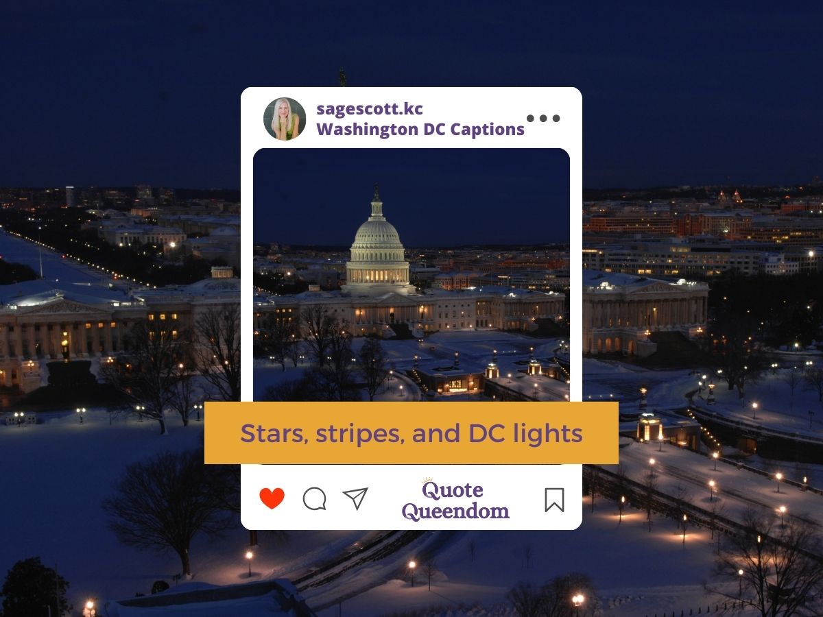 A graphic overlay resembling a social media post with the text "stars, stripes, and dc lights" superimposed on an evening photo of the lit capitol building in washington dc.
