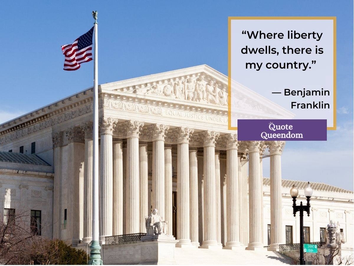 The united states supreme court building with an american flag and a quote by benjamin franklin on the right side.